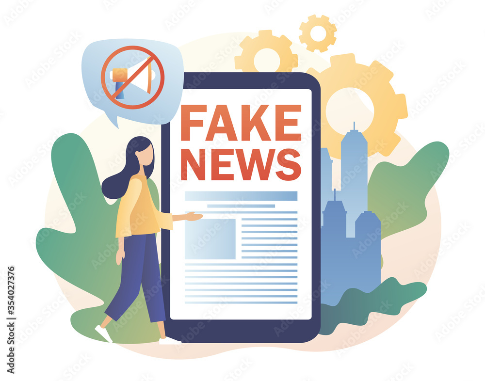 Fake news metaphors. Tiny girl read news with mobile app. Mass media ...
