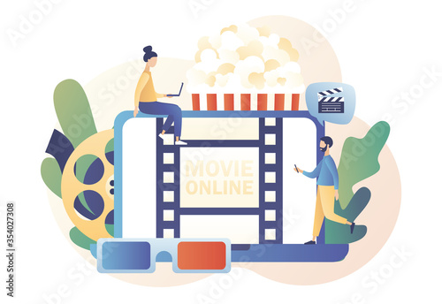 Online cinema concept. Home movie theater. Cinematography. Tiny people watching movie with popcorn,3d glasses and video attributes. Modern flat cartoon style. Vector illustration on white background