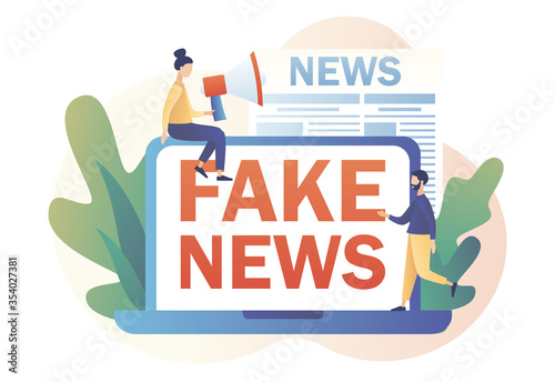 Fake news metaphors. Tiny people read online newspaper. Mass media, hot online information, propaganda newscast. Modern flat cartoon style. Vector illustration on white background	

