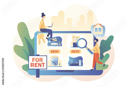 House for rent. Real estate business concept with houses. Tiny real estate agent or broker looking for house in website. Modern flat cartoon style. Vector illustration on white background