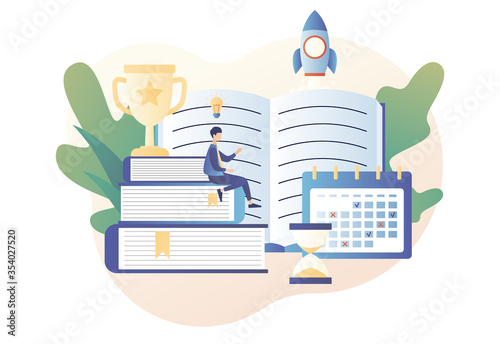 Self-learning, online education, e-book, distance e-learning. Self development concept. Skill improvement. Goal achieving. Start up. Modern flat cartoon style. Vector illustration on white background	