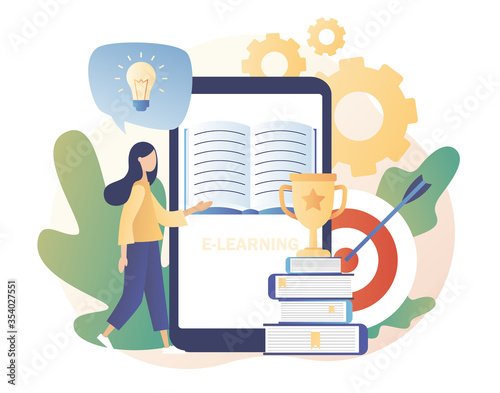 Self-learning, online education, e-book, distance e-learning. Skill improvement. Self development concept. Goal achieving. Modern flat cartoon style. Vector illustration on white background	
