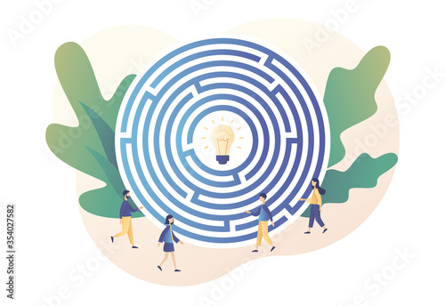 Business maze concept. Business metaphor. Tiny people looking for a way to reach the idea through the labyrinth. Modern flat cartoon style. Vector illustration on white background