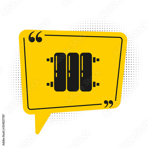 Black Heating radiator icon isolated on white background. Yellow speech bubble symbol. Vector Illustration.