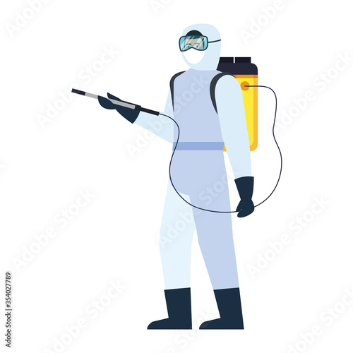 person with protective suit for spraying viruses of covid 19, disinfection virus concept vector illustration design