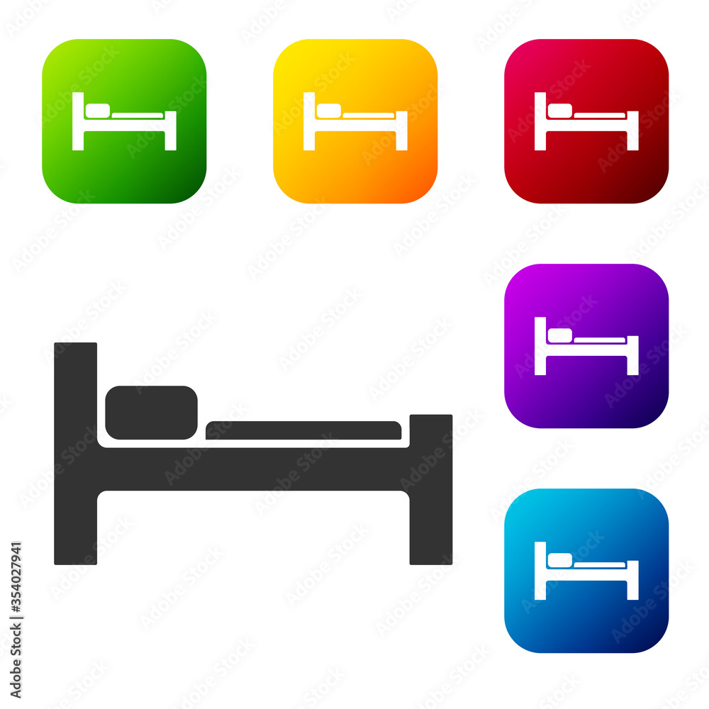 Black Bed icon isolated on white background. Set icons in color square buttons. Vector Illustration. Black Bed icon isolated on white background. Set icons in color square buttons. Vector Illustration.