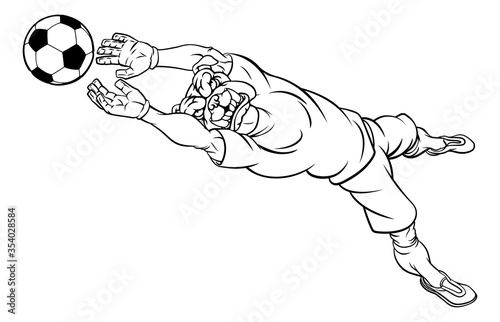 A bulldog soccer football player goal keeper cartoon animal sports mascot diving to catch the ball