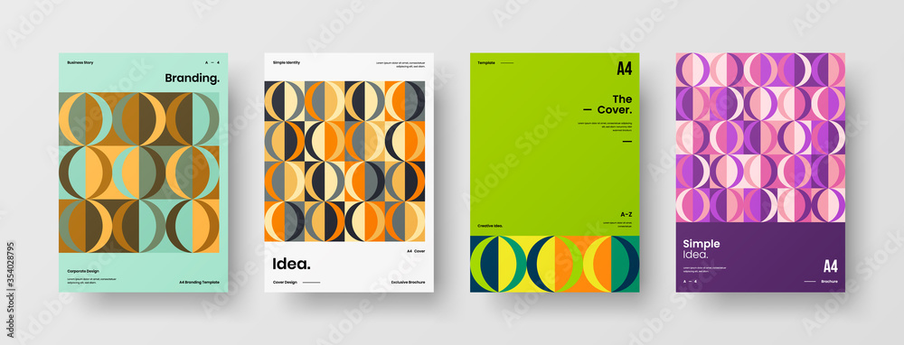 Naklejka premium Company identity brochure template collection. Business presentation vector A4 vertical orientation front page mock up set. Corporate report cover abstract geometric illustration design layout bundle.