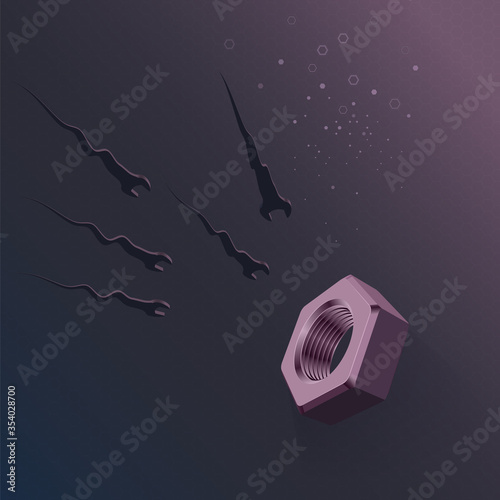 Tailed wrenches similar to sperm cells float to the pink female-screw underwater. Vector illustration.