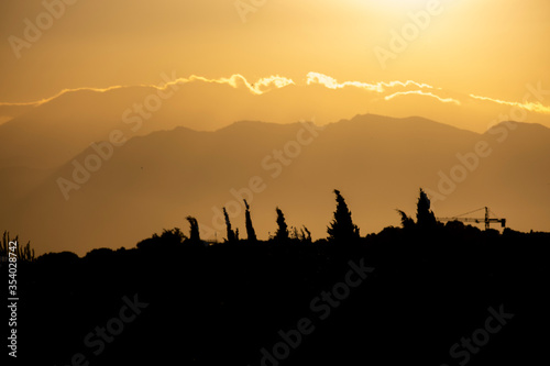 Paisaje a contraluz en puesta de sol con siluetas de   rboles