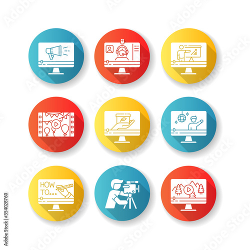 Videography flat design long shadow glyph icons set. Web conference. Internet blogging. Nature documentary film. Concert streaming. TV commercial. Silhouette RGB color illustration