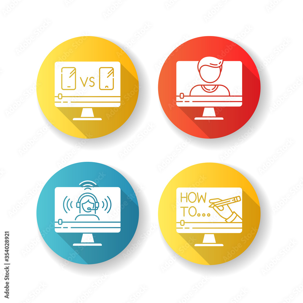 Online video watching flat design long shadow glyph icons set. Product comparison. Blogger live stream. Internet tutorial. Videography industry. Silhouette RGB color illustration Online video watching flat design long shadow glyph icons set. Product comparison. Blogger live stream. Internet tutorial. Videography industry. Silhouette RGB color illustration