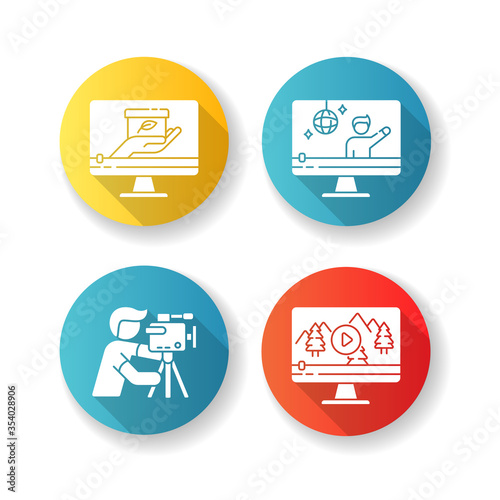 Filmmaking and videography flat design long shadow glyph icons set. Concert streaming. Nature documentary movie. Professional cameraman. Silhouette RGB color illustration