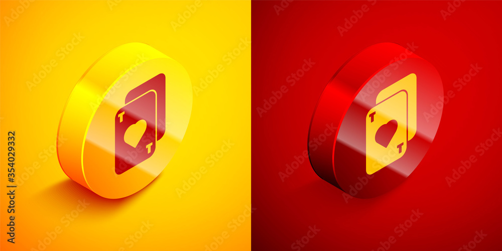 Isometric Playing cards icon isolated on orange and red background. Casino gambling. Circle button. Vector Illustration. Isometric Playing cards icon isolated on orange and red background. Casino gambling. Circle button. Vector Illustration.