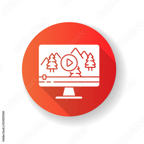 Nature documentary red flat design long shadow glyph icon. Travel blog video watching. Ecology and tourism non-fictional movie. Wildlife videography. Silhouette RGB color illustration