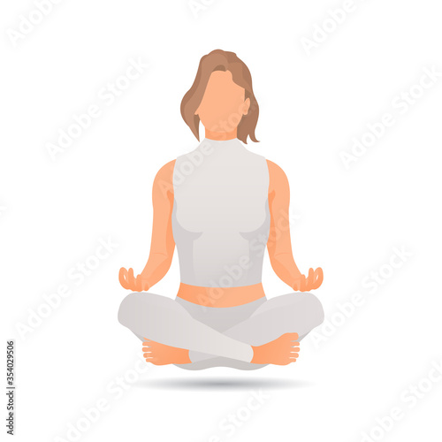 Girl meditating in lotus position on a white background.