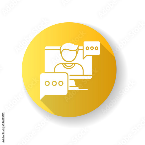 Interview video yellow flat design long shadow glyph icon. Journalist footage. Video call conversation. Live online conference. Internet chatting. Silhouette RGB color illustration