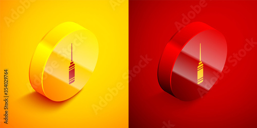 Isometric Awl tool with wooden handle icon isolated on orange and red background. Work equipment tailor industry. Circle button. Vector Illustration.