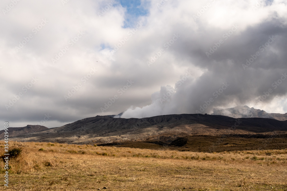 Mount Aso vulcano releasing steam days before eruption (November 2019). Kyushu, Japan.