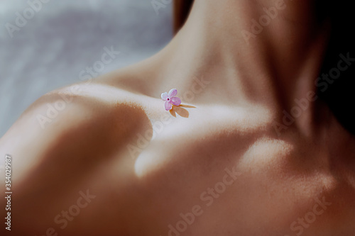 naked shoulder of a light-skinned woman without a face with a small delicate lilac flower on the collarbone in hard shadows from the natural sun light, skin care