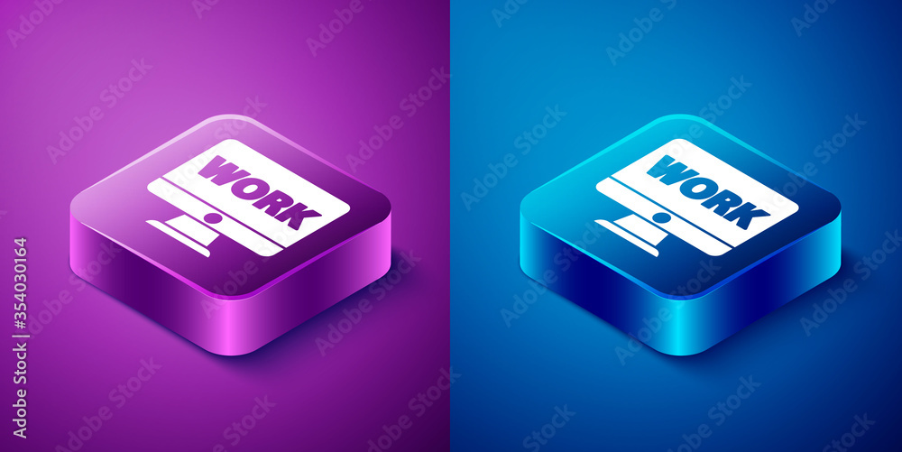 Isometric Computer monitor with text work icon isolated on blue and purple background. Square button. Vector Illustration. Isometric Computer monitor with text work icon isolated on blue and purple background. Square button. Vector Illustration.