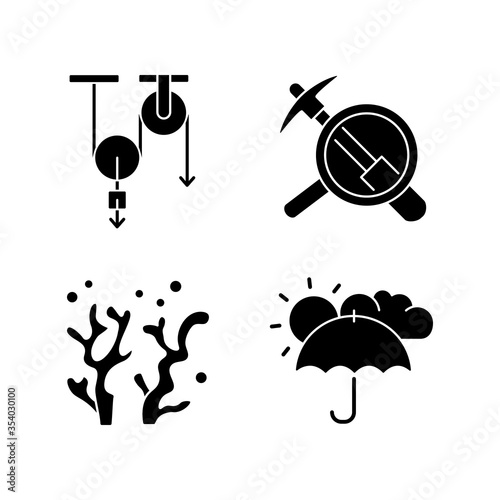 Physical and life sciences black glyph icons set on white space. Formal and natural scientific fields silhouette symbols. Physics, geology, oceanology and meteorology. Vector isolated illustration