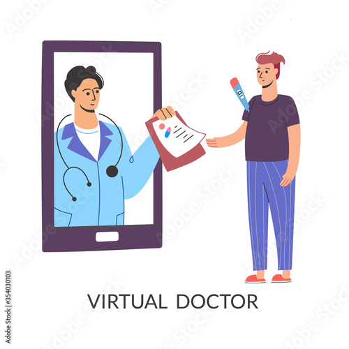 Get sick leave using your smartphone. The virtual doctor writes a prescription, quarantine. Mobile consultation, smart medical assistance. Modern telemedicine,.Cartoon character, vector on a white
