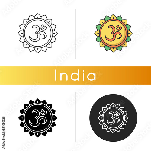 Om icon. Aum visual representation. Sacred syllable. Sound of universe. Spiritual symbol in Hinduism. Indian religion. Divine energy. Linear black and RGB color styles. Isolated vector illustrations