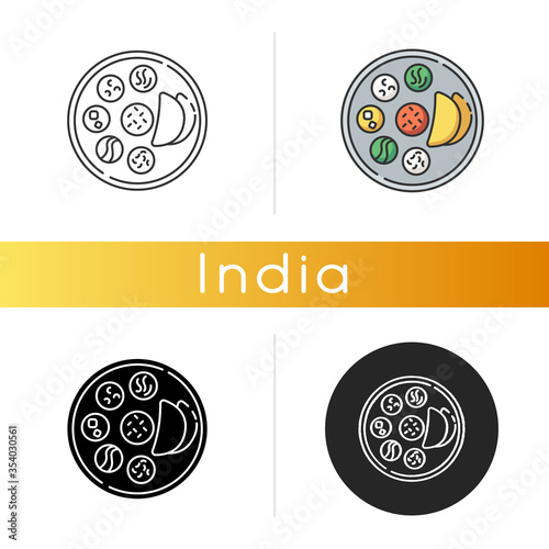 Indian thali icon. Traditional cuisine. Asian culture. Food habits of India. Chapati bread with sauces. Flatbreads. Meal serving. Linear black and RGB color styles. Isolated vector illustrations