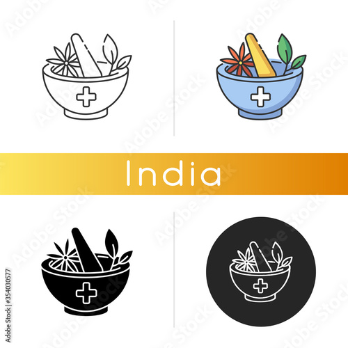 Ayurveda icon. Ayurvedic treatment. Alternative medicine. Indian traditional health care system. Medicinal herbs. Linear black and RGB color styles. Isolated vector illustrations