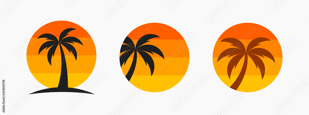 Palm tree and sunset sun symbols. - obrazy, fototapety, plakaty 