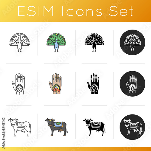 Indian culture icons set. Peacock. Peafowl with spread feathers. Mehndi. Body art. Henna drawings. Holy cow. Sacred animal. Linear, black and RGB color styles. Isolated vector illustrations