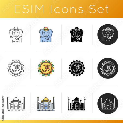 Indian culture icons set. Lord Ganesha. Religious symbol. God of beginnings. Om visual representation. Sacred syllable. Taj Mahal. Linear, black and RGB color styles. Isolated vector illustrations