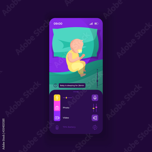 Baby bedtime smartphone interface vector template. Mobile app page purple design layout. Remote watching over kid screen. Flat UI for application. Child sleeping time count. Phone display