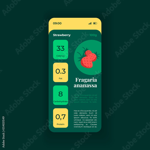 Strawberry nutrition smartphone interface vector template. Mobile app page green design layout. Counting food calories screen. Flat UI for application. Meal ingredient. Phone display