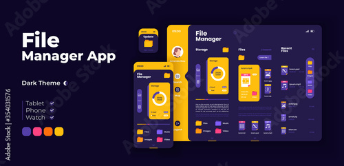 File management app screen vector adaptive design template. Application night mode interface with flat illustrations. Memory cleaner and gadget browser smartphone, tablet, smart watch cartoon UI