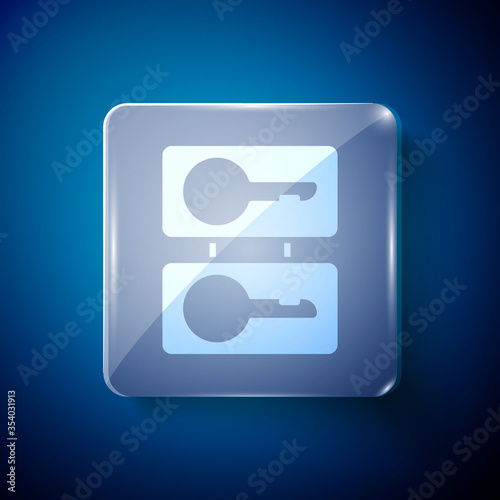 White Metal mold plates for casting keys icon isolated on blue background. Set for mass production and forgery of the keys. Square glass panels. Vector Illustration.
