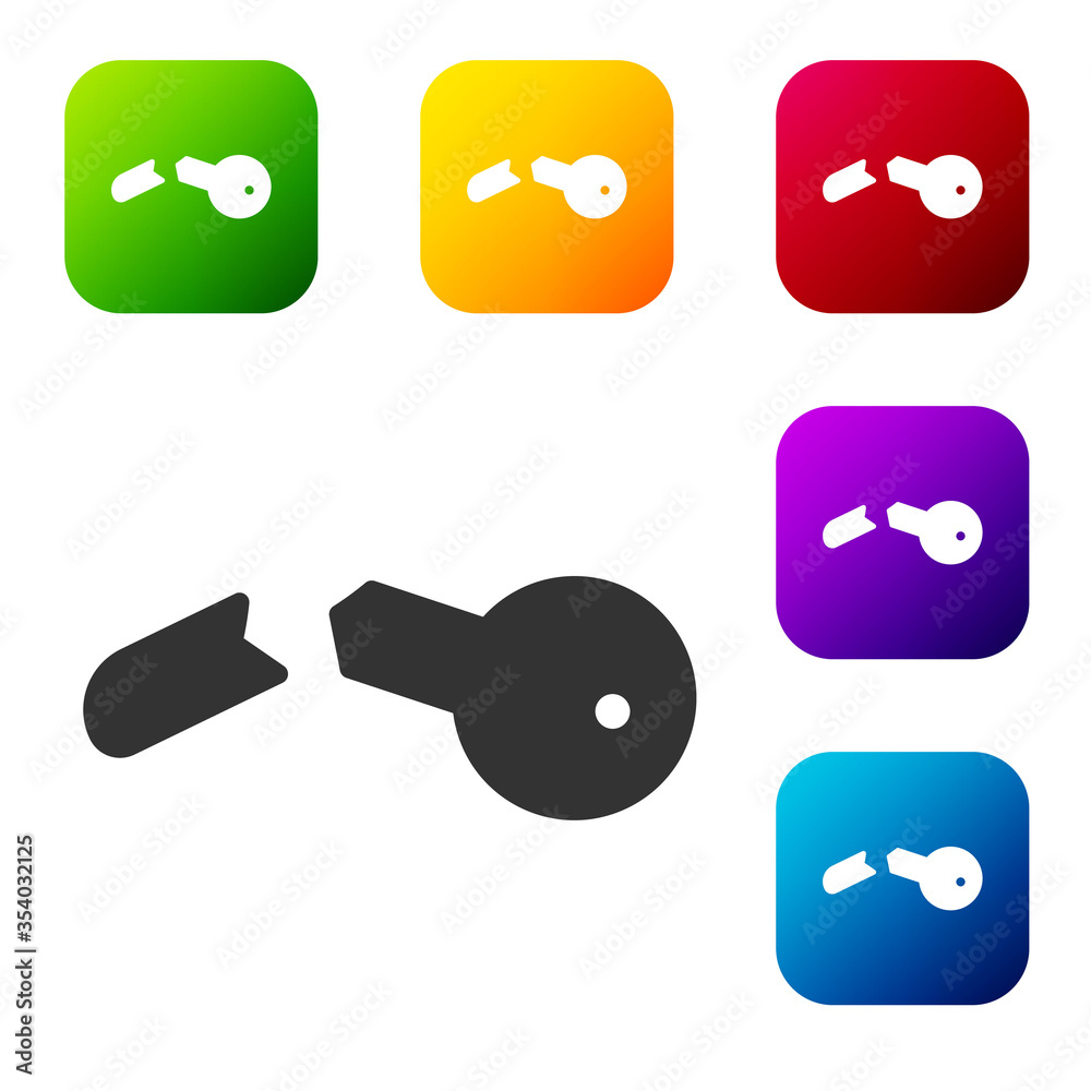 Black Broken key icon isolated on white background. Set icons in color square buttons. Vector Illustration. Black Broken key icon isolated on white background. Set icons in color square buttons. Vector Illustration.