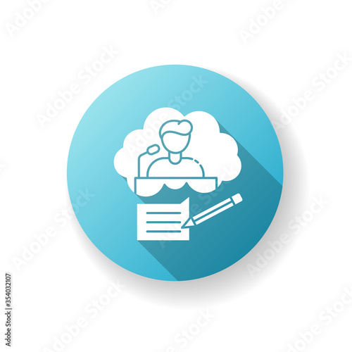 Speechwriting blue flat design long shadow glyph icon. Message for press conference. Announcement for public. Interview and journalism. Social media plan. Silhouette RGB color illustration