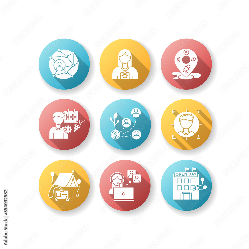 Networking flat design long shadow glyph icons set. Global networking. Corporate communication. Intern in company training. Promotion through local mass media. Silhouette RGB color illustration