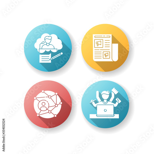 Publication flat design long shadow glyph icons set. Speech writing. Promotion in newspaper. Global networking. Multi tasking employee. Work efficiency. Silhouette RGB color illustration