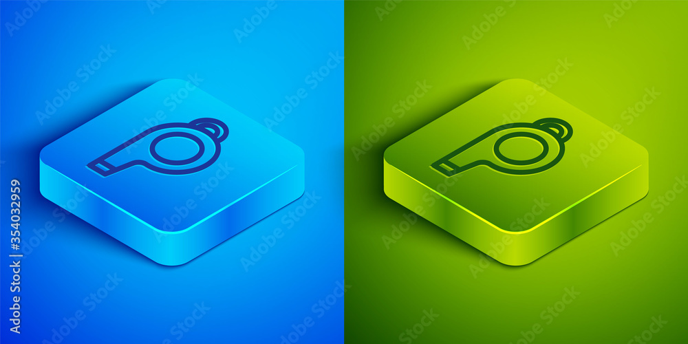 Isometric line Whistle icon isolated on blue and green background. Referee symbol. Fitness and sport sign. Square button. Vector Illustration. Isometric line Whistle icon isolated on blue and green background. Referee symbol. Fitness and sport sign. Square button. Vector Illustration.