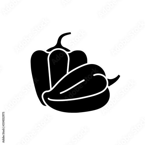 Capsicums black glyph icon. Bulgarian pepper to cook healthy food. Raw fresh vegetable to prepare recipe. Paprika from farmer market. Silhouette symbol on white space. Vector isolated illustration
