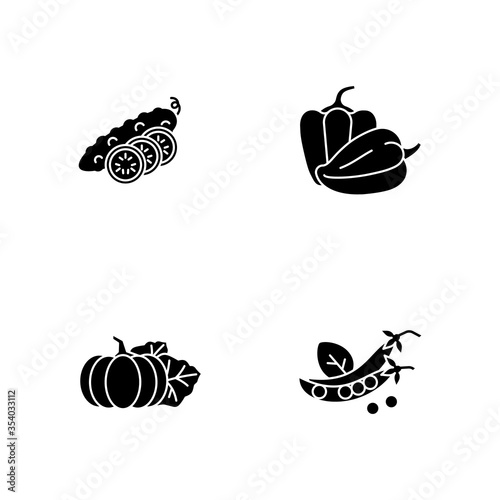 Salad ingredient black glyph icons set on white space. Whole cucumber with slices. Bulgarian peppers. Pumpkin for thanksgiving. Veggies for dieting. Silhouette symbols. Vector isolated illustration