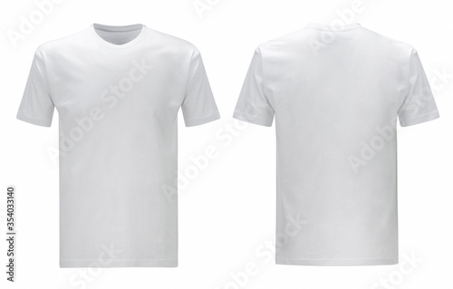Front back and side views of white t shirt on isolated on white background slim fit style