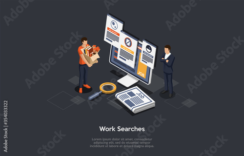 Job Interview And Human Resources Concept. Man Is Searching For New Job Sending CV And Publishing Ads In Newspaper. Character Is Ready To Start Working Immidiately. Isometric 3D Vector Illustration