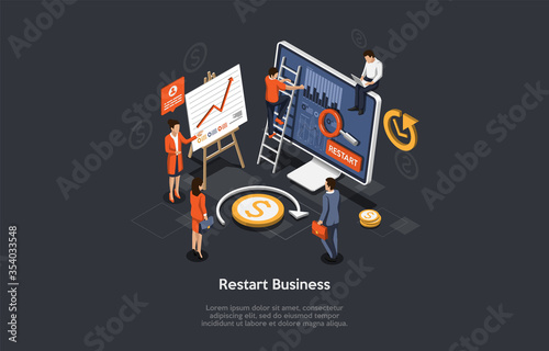 Concept Of Global Economic Crisis. Business People Restart Business After Quarantine Or Crisis. People Analyse Market, Make Some Modernisations And Upgrades In Work. Isometric 3D Vector Illustration