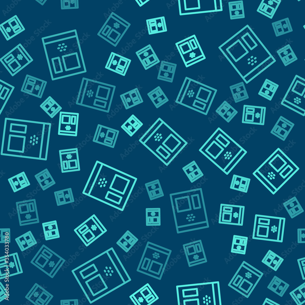 Green line Bag of coffee beans icon isolated seamless pattern on blue background. Vector Illustration. Green line Bag of coffee beans icon isolated seamless pattern on blue background. Vector Illustration.
