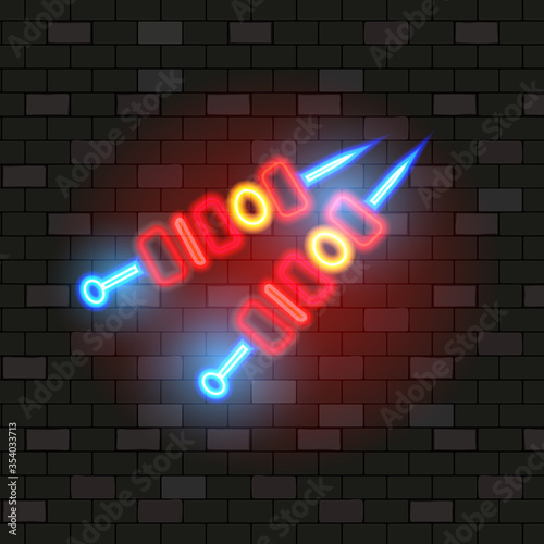 Vip Neon Icons. Night Bright Signboard, Glowing Light Banner. Neon Kebab on Skewers On Dark Brick Wall Background. Neon Lighting Club or Bar Concept on Dark Background. Flat Style Vector Illustration