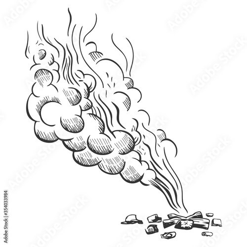 Sketch style illustration of a bonfire and smoke clubs. Hand-drawn outline illustration for design isolated on white